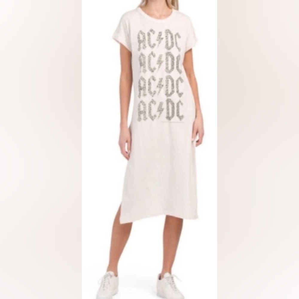 CHASER Graphic AC/DC T-shirt Dress Women Size S Cream